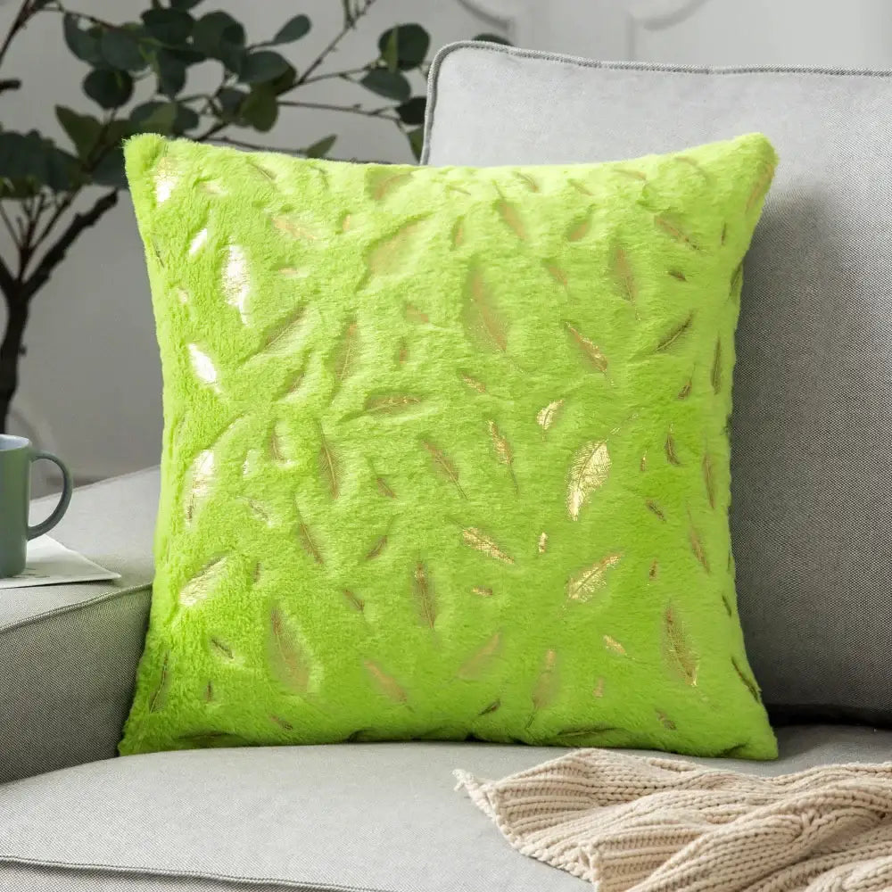 Vibrant lime green plush cushion cover with gold leaf patterns complementing decorbites golden fur cushion decor