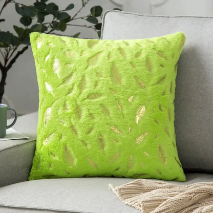 Vibrant lime green plush cushion cover with gold leaf patterns complementing decorbites golden fur cushion decor