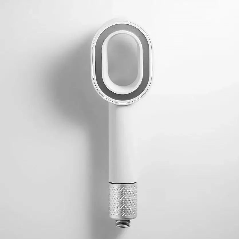 Luxury white and silver handheld shower head with sleek oval nozzle and textured grip for bathroom filter set use
