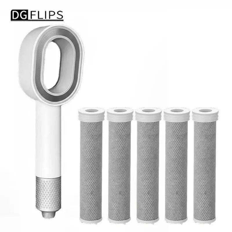 Luxury white and silver dgflips handheld shower head with five gray mesh filter cartridges for bathroom use