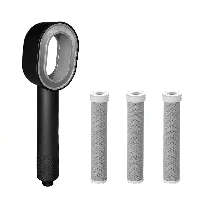 Black handheld shower head with sleek oval head and textured grip for luxury white and silver bathroom filter set