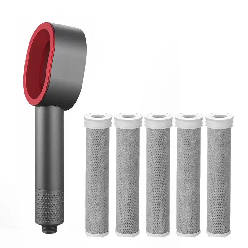 Black and red handheld shower head with five gray mesh filter cartridges in a luxury white and silver bathroom filter set