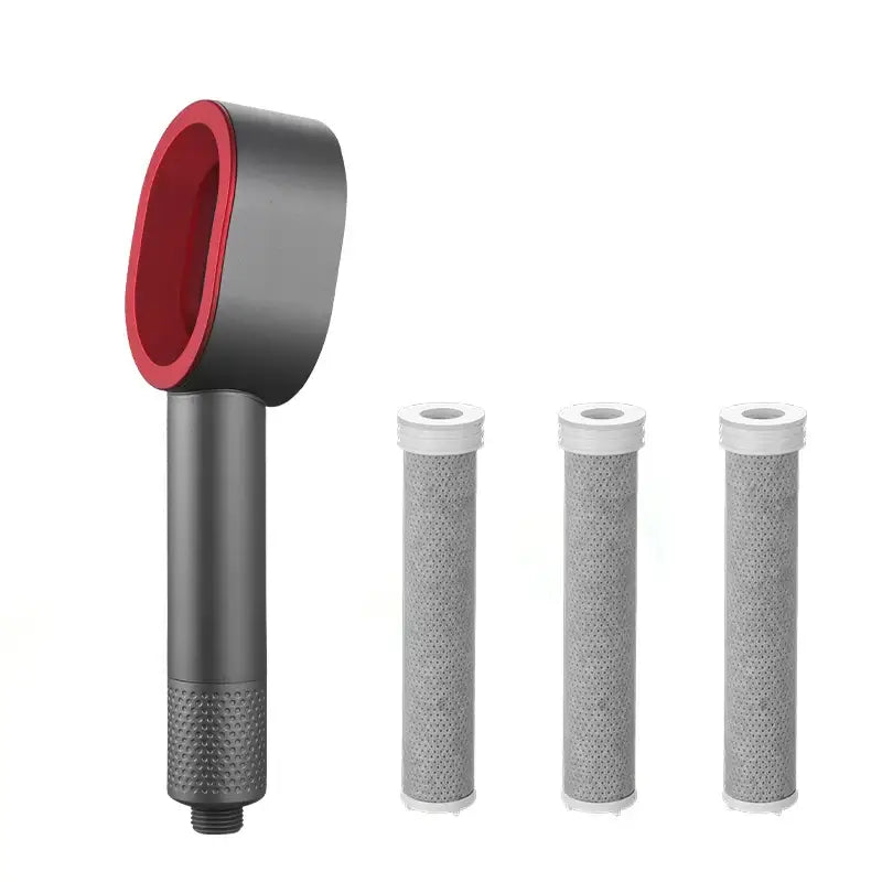 Luxury white and silver handheld shower head with black and red textured grip and three cylindrical filter cartridges