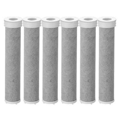 Six gray cylindrical water filter cartridges with white plastic end caps for luxury white and silver handheld shower head set