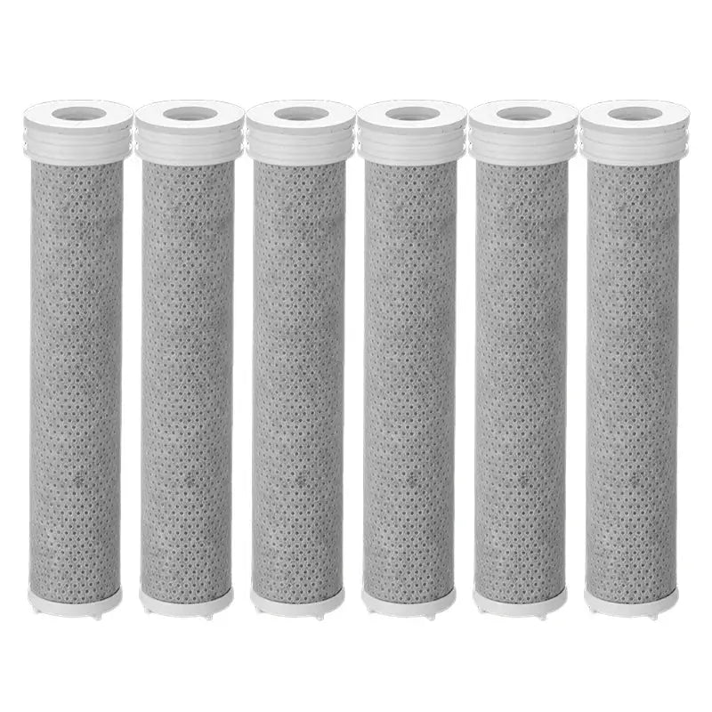Six gray cylindrical water filter cartridges with white plastic end caps for luxury white and silver handheld shower head set