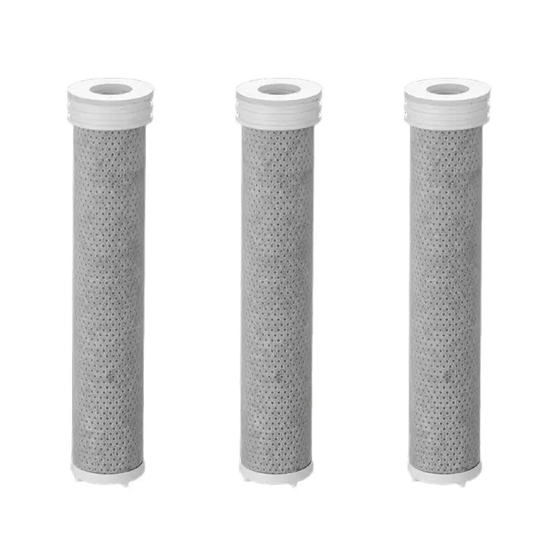 Three gray cylindrical water filter cartridges with white end caps for luxury white and silver handheld shower head filter set
