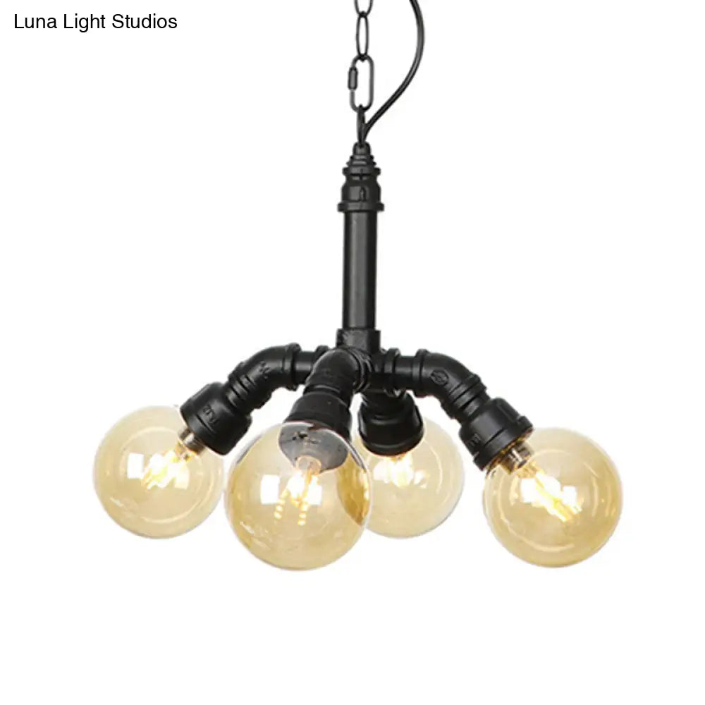 Maasym - Antiqued 2/3/4-Bulb Chandelier Antiqued Coffee House LED Ceiling Pendant Light with Sphere Amber Glass Shade in Black