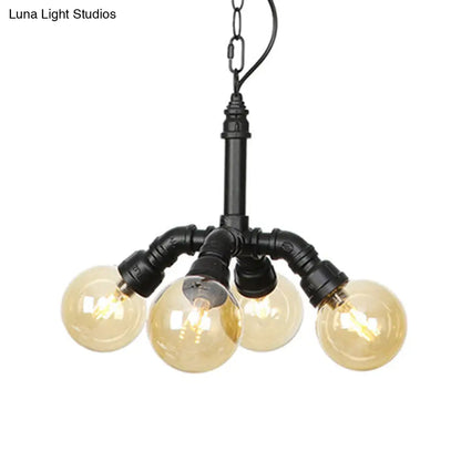 Maasym - Antiqued 2/3/4-Bulb Chandelier Antiqued Coffee House LED Ceiling Pendant Light with Sphere Amber Glass Shade in Black