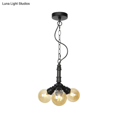 Maasym - Antiqued 2/3/4-Bulb Chandelier Antiqued Coffee House LED Ceiling Pendant Light with Sphere Amber Glass Shade in Black