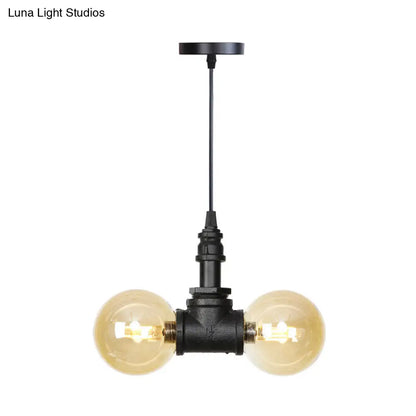 Maasym - Antiqued 2/3/4-Bulb Chandelier Antiqued Coffee House LED Ceiling Pendant Light with Sphere Amber Glass Shade in Black