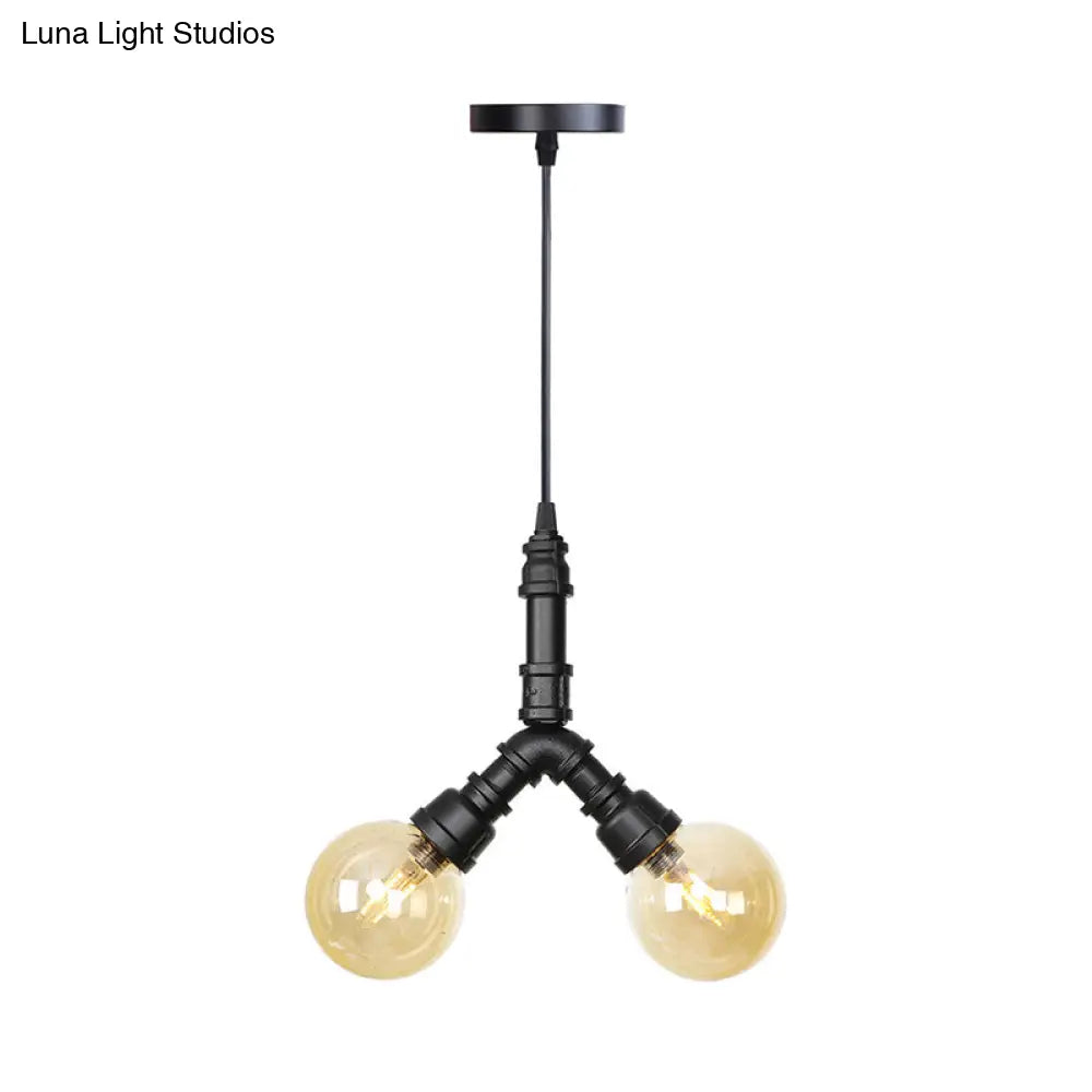 Maasym - Antiqued 2/3/4-Bulb Chandelier Antiqued Coffee House LED Ceiling Pendant Light with Sphere Amber Glass Shade in Black