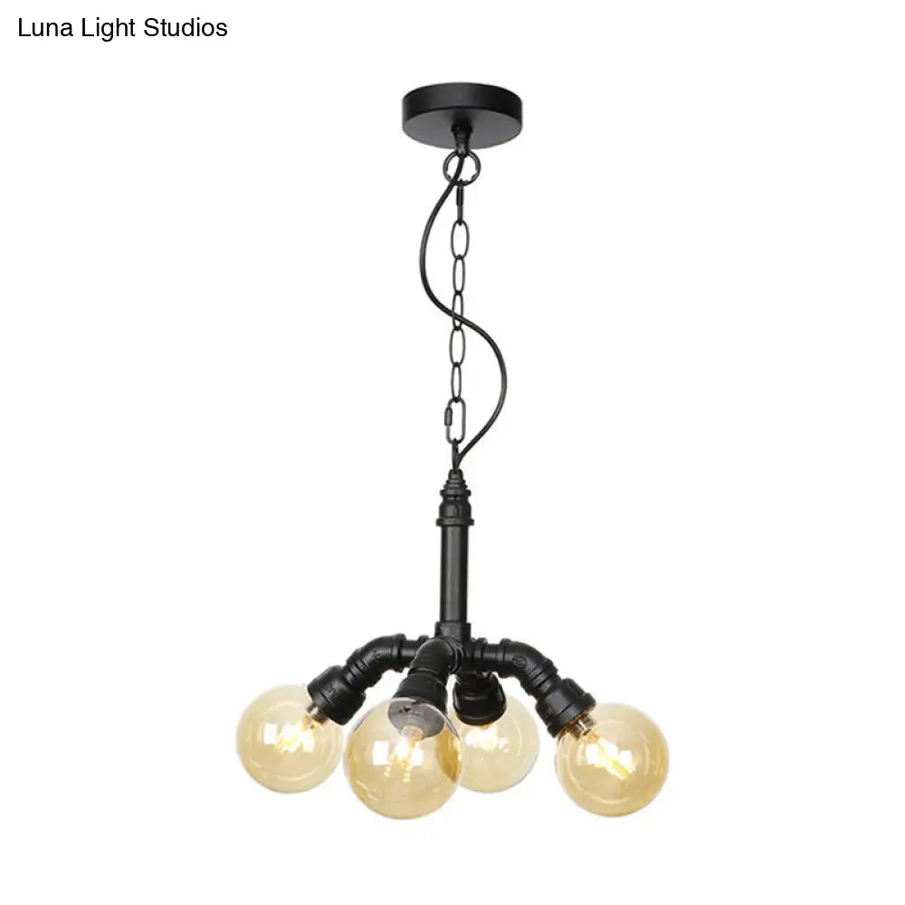 Maasym - Antiqued 2/3/4-Bulb Chandelier Antiqued Coffee House LED Ceiling Pendant Light with Sphere Amber Glass Shade in Black