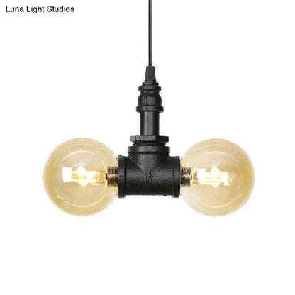 Maasym - Antiqued 2/3/4-Bulb Chandelier Antiqued Coffee House LED Ceiling Pendant Light with Sphere Amber Glass Shade in Black