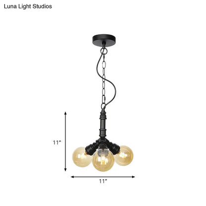 Maasym - Antiqued 2/3/4-Bulb Chandelier Antiqued Coffee House LED Ceiling Pendant Light with Sphere Amber Glass Shade in Black