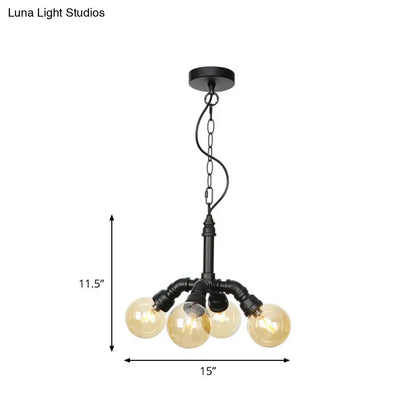 Maasym - Antiqued 2/3/4-Bulb Chandelier Antiqued Coffee House LED Ceiling Pendant Light with Sphere Amber Glass Shade in Black