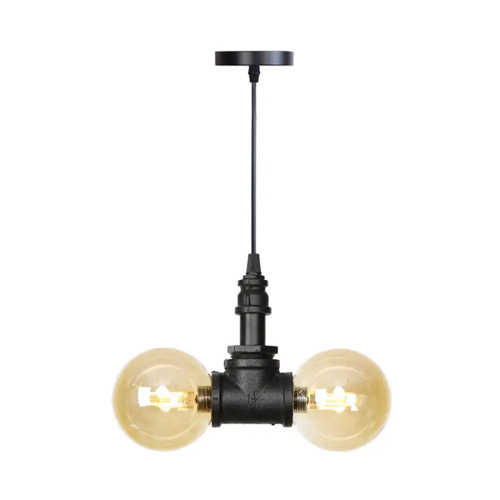 Maasym - Antiqued 2/3/4-Bulb Chandelier Antiqued Coffee House LED Ceiling Pendant Light with Sphere Amber Glass Shade in Black