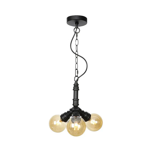 Maasym - Antiqued 2/3/4-Bulb Chandelier Antiqued Coffee House LED Ceiling Pendant Light with Sphere Amber Glass Shade in Black