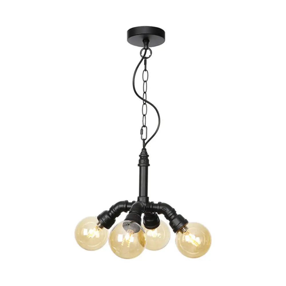 Maasym - Antiqued 2/3/4-Bulb Chandelier Antiqued Coffee House LED Ceiling Pendant Light with Sphere Amber Glass Shade in Black