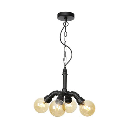 Maasym - Antiqued 2/3/4-Bulb Chandelier Antiqued Coffee House LED Ceiling Pendant Light with Sphere Amber Glass Shade in Black