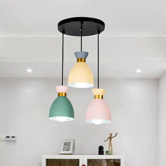 Macaron Cluster Pendant Light with Aluminum Shade in Green-Yellow-Pink - 3 Light Cup Hanging Fixture