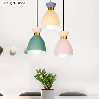 Macaron Cluster Pendant Light with Aluminum Shade in Green-Yellow-Pink - 3 Light Cup Hanging Fixture