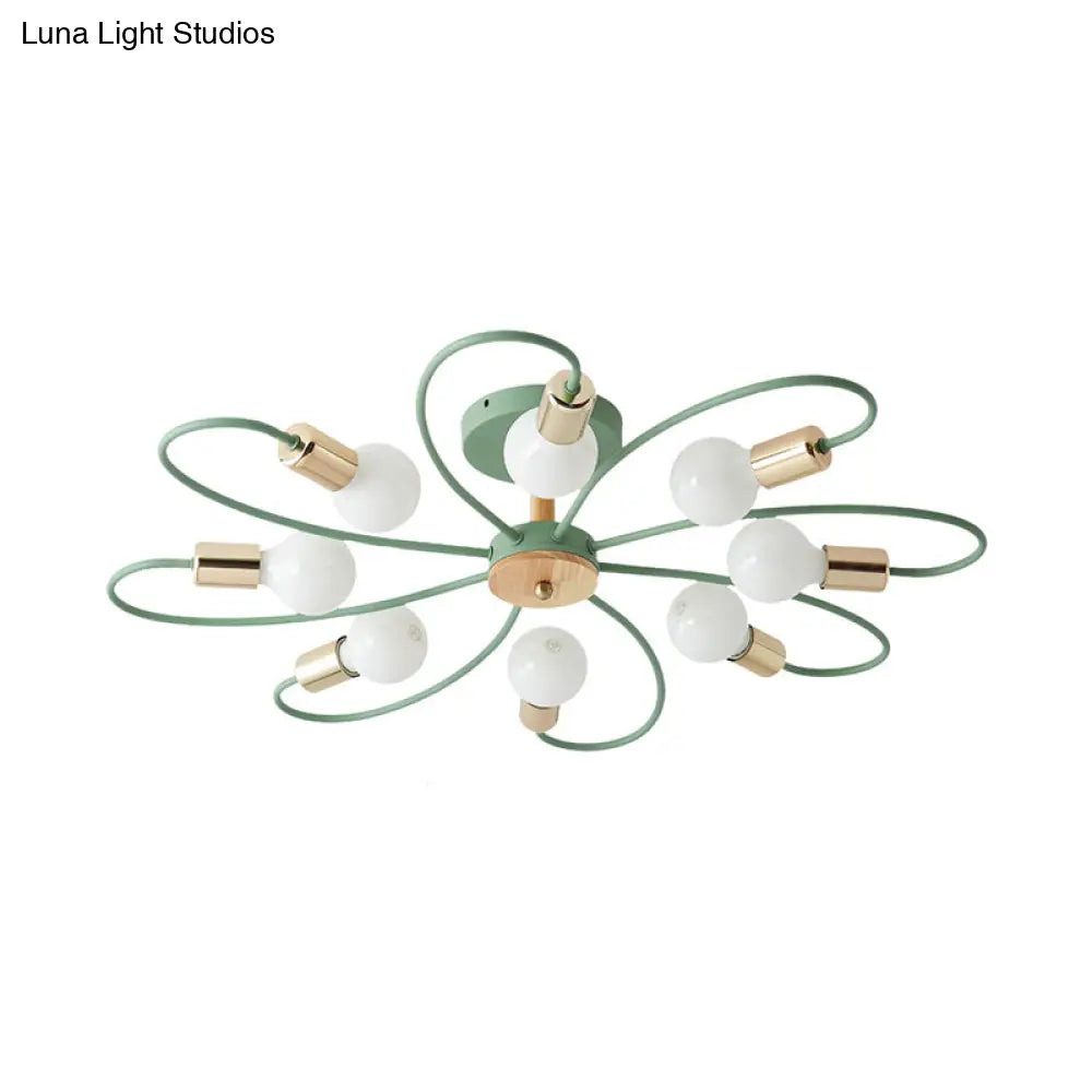 Macaron Flush Mount Ceiling Lamp with Metallic Semi Design - Green Blossom, 8 Bulbs