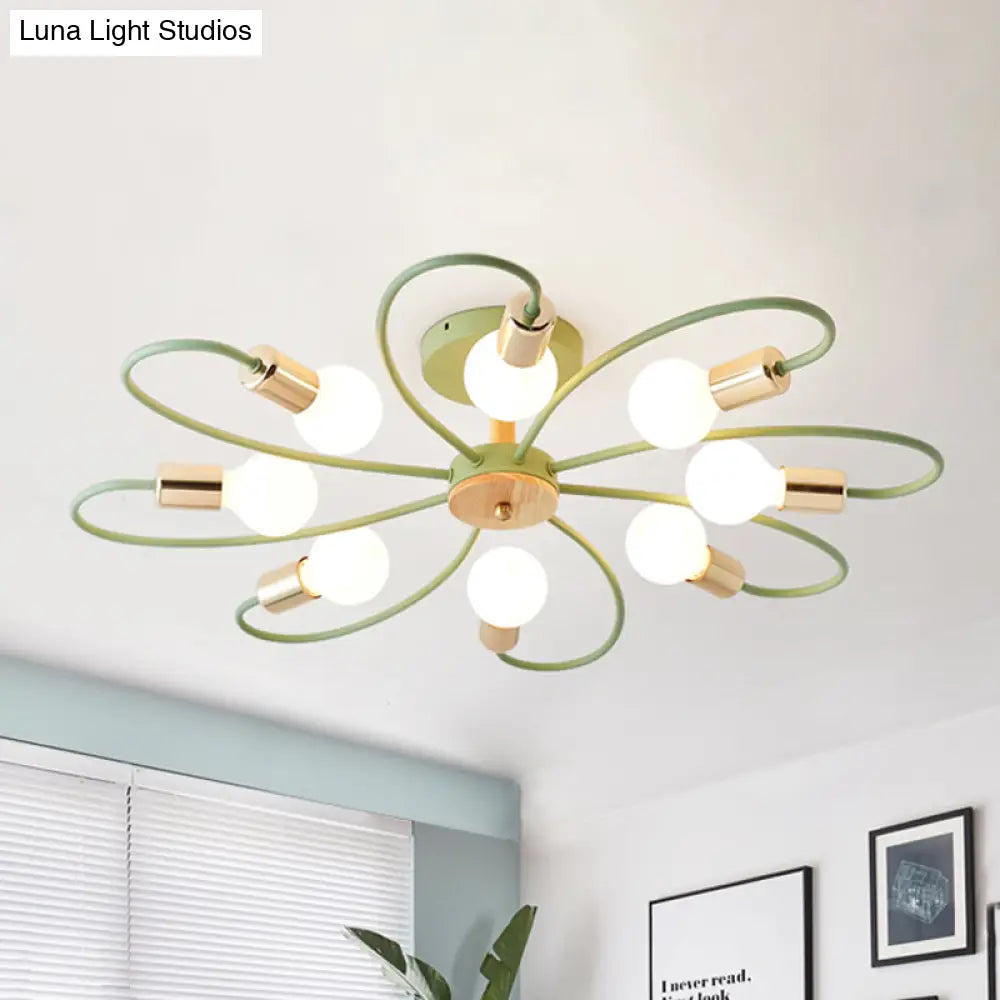 Macaron Flush Mount Ceiling Lamp with Metallic Semi Design - Green Blossom, 8 Bulbs