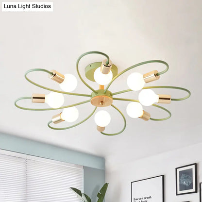 Macaron Flush Mount Ceiling Lamp with Metallic Semi Design - Green Blossom, 8 Bulbs