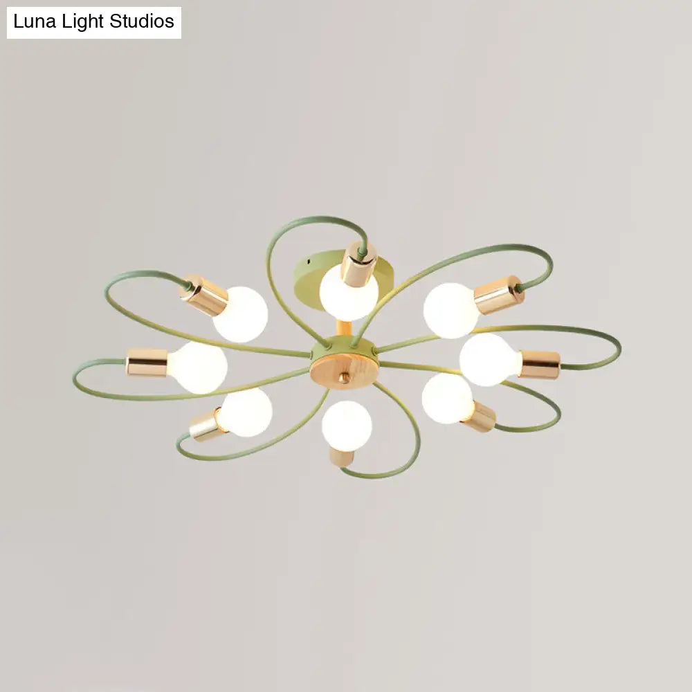 Macaron Flush Mount Ceiling Lamp with Metallic Semi Design - Green Blossom, 8 Bulbs