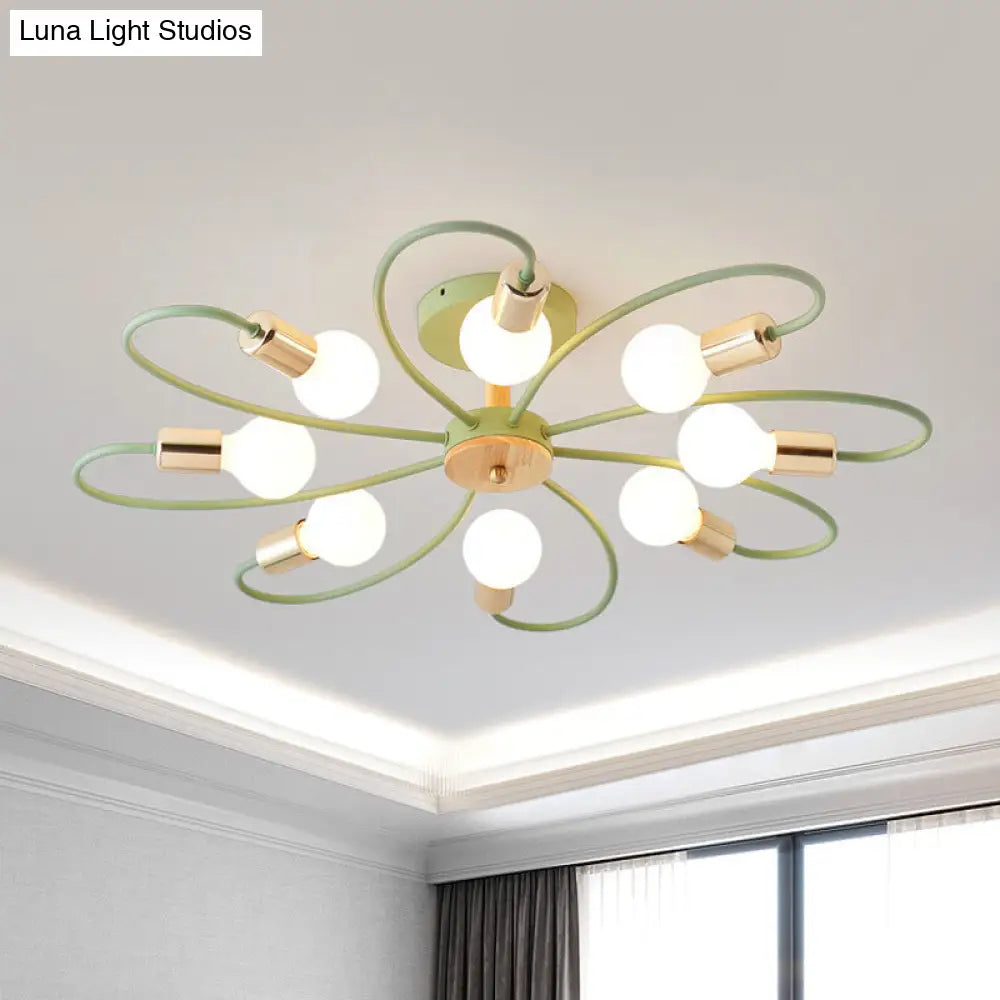 Macaron Flush Mount Ceiling Lamp with Metallic Semi Design - Green Blossom, 8 Bulbs