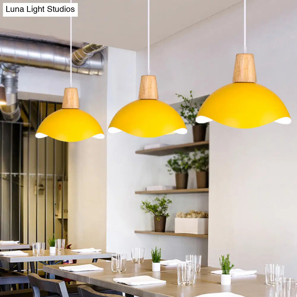 Macaron Iron 1-Light Waving Dome Pendant Lamp in Pink/Yellow/Green Finish for Dining Room