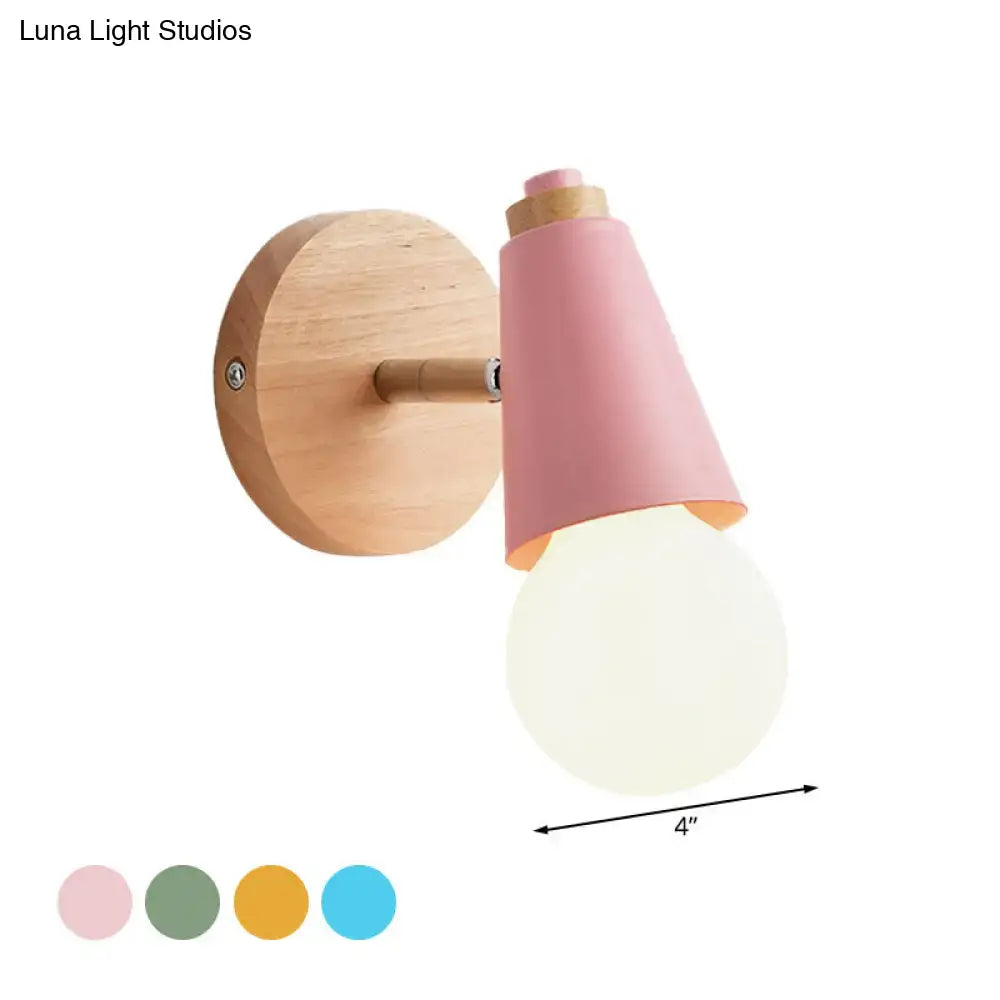 Pink conical macaron loft sweet cone wall sconce with metal wood base and frosted glass bulb for corridor lighting