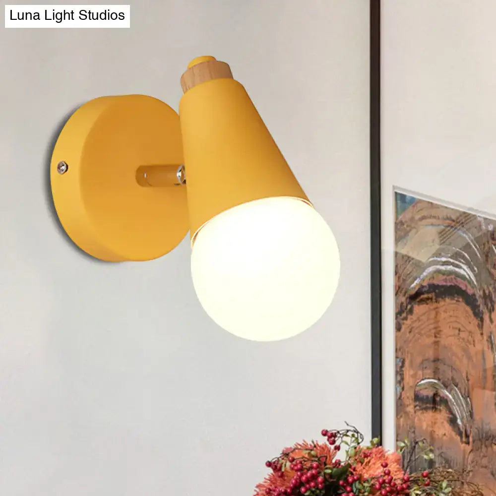 Yellow macaron loft sweet cone wall sconce with wood base metal wood accent and frosted glass bulb for corridor lighting