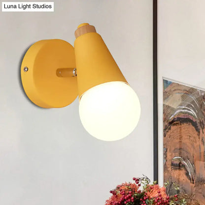 Yellow macaron loft sweet cone wall sconce with wood base metal wood accent and frosted glass bulb for corridor lighting