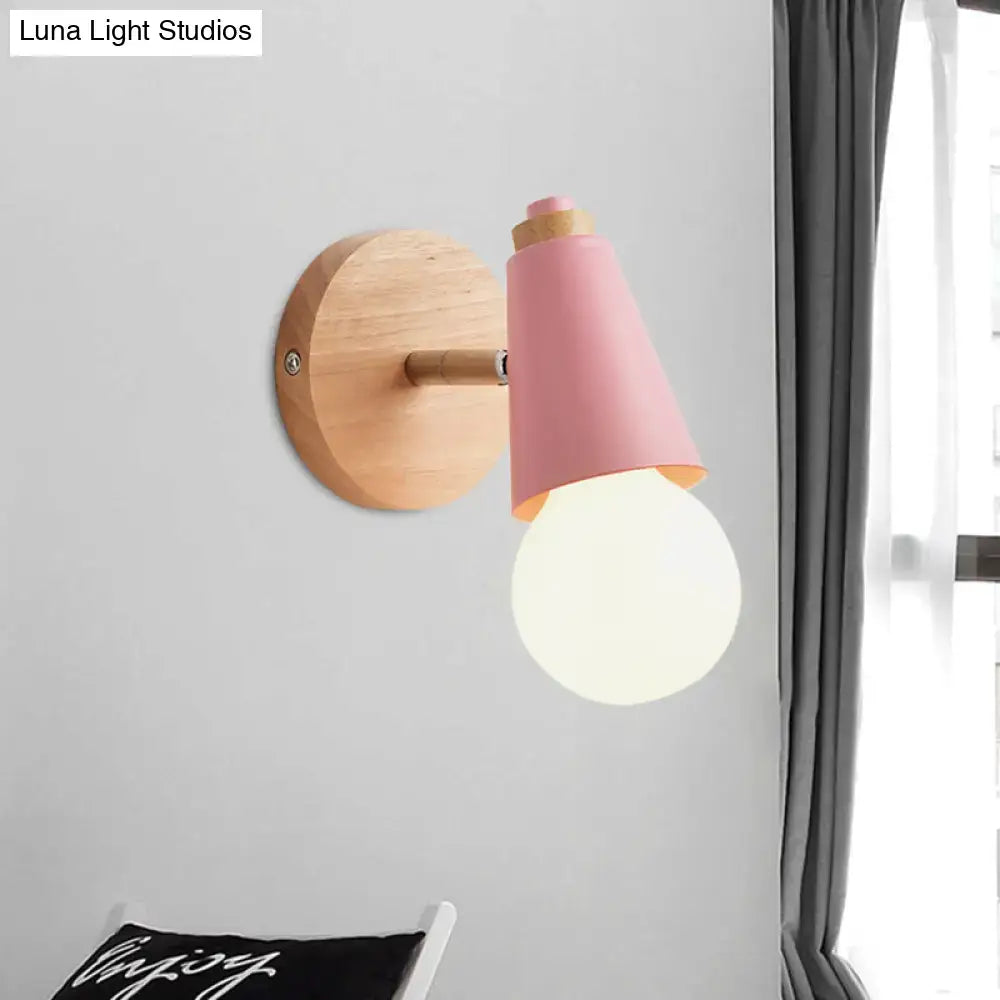 Pink conical macaron loft sweet cone wall sconce with metal wood base and exposed bulb for corridor lighting