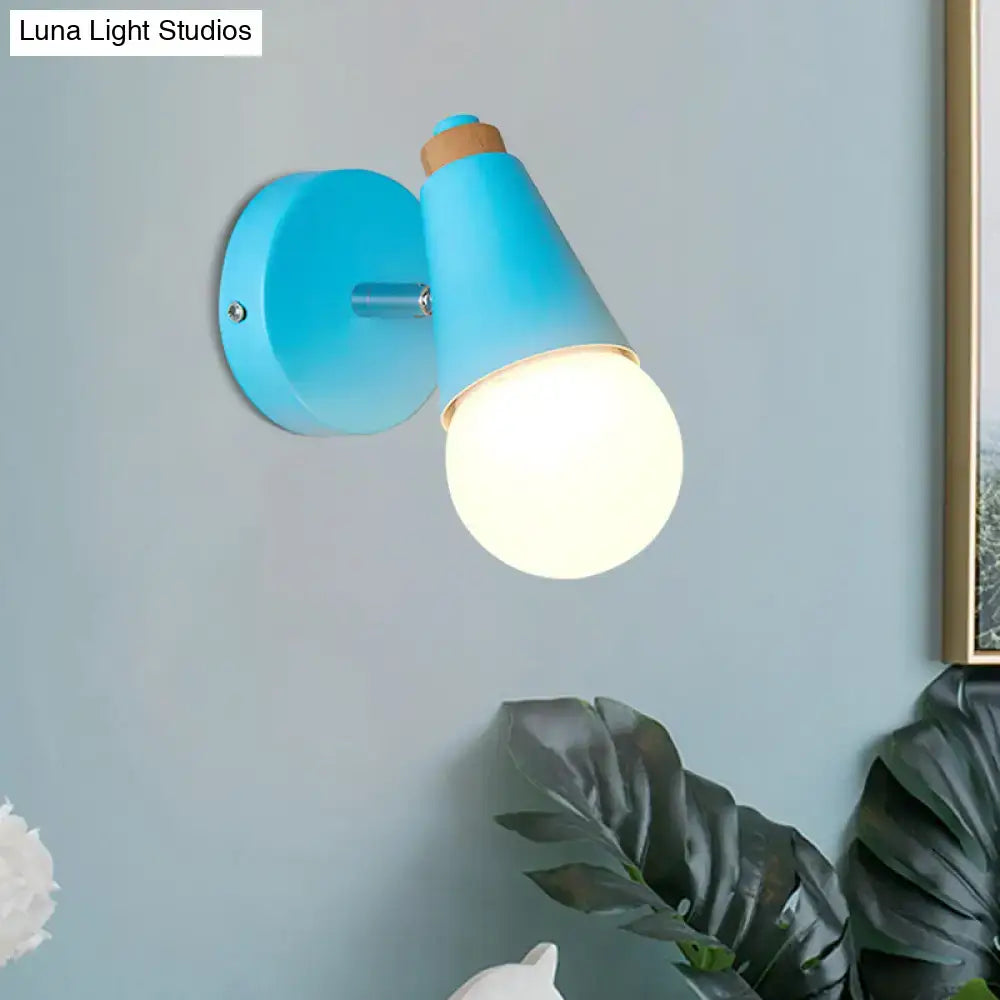 Blue conical macaron loft sweet cone wall sconce with metal wood base and frosted bulb for corridor lighting