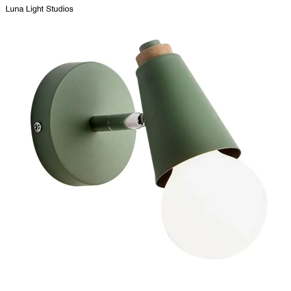 Olive green macaron loft sweet cone wall sconce with metal wood base cork accent and frosted glass bulb for corridor light