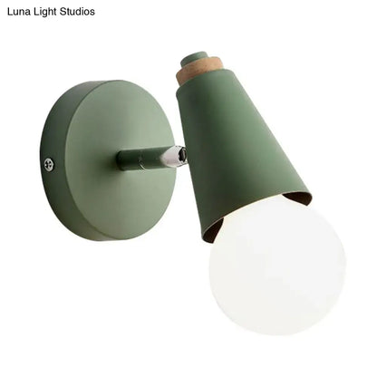 Olive green macaron loft sweet cone wall sconce with metal wood base cork accent and frosted glass bulb for corridor light
