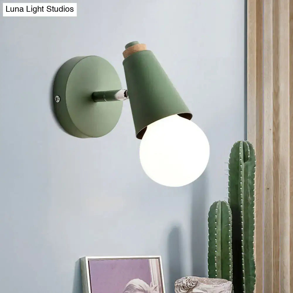Olive green metal wood wall-mounted lamp with conical shade and wooden accent from macaron loft sweet cone series