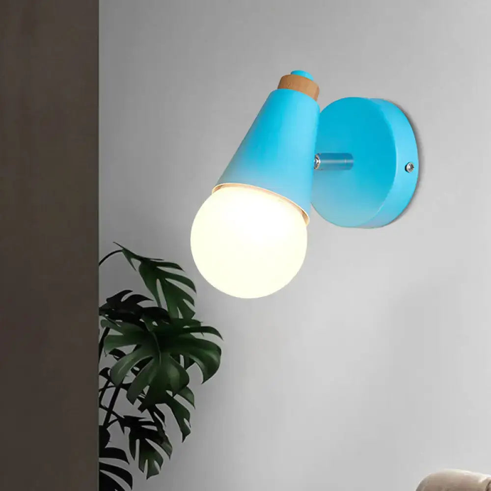 Bright blue macaron loft sweet cone wall sconce with metal wood base and frosted glass bulb for corridor lighting