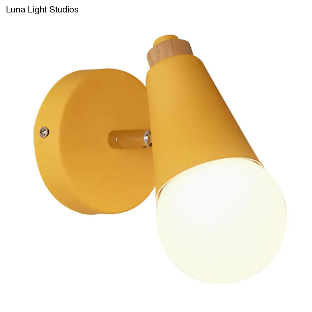 Yellow macaron loft sweet cone wall sconce with wood base metal wood accent and frosted glass bulb for corridor lighting