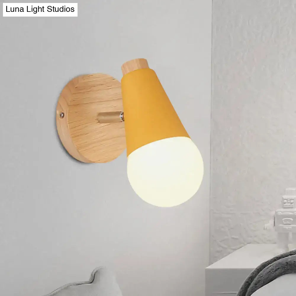 Yellow macaron loft sweet cone wall sconce with metal wood base and frosted glass shade for corridor lighting