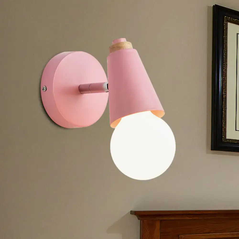Pink macaron loft sweet cone wall sconce with metal wood base, matte finish, and exposed bulb for corridor lighting