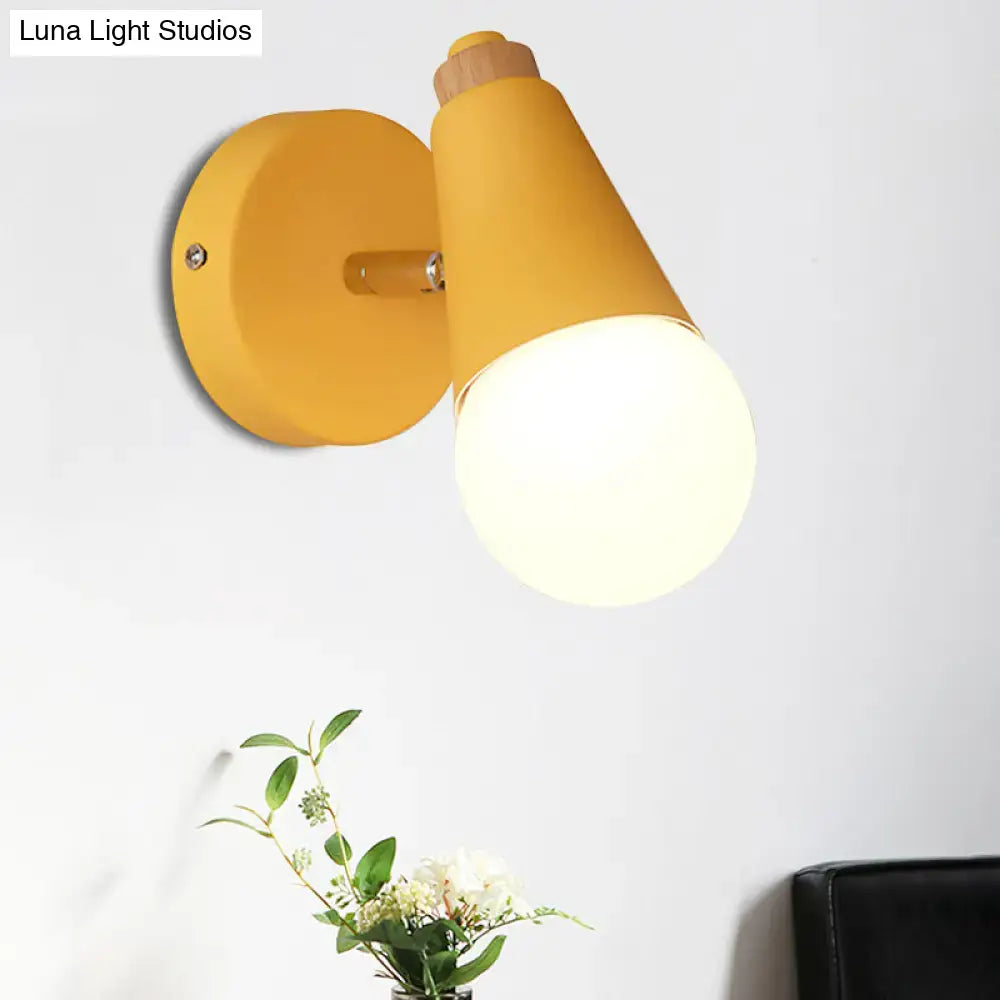 Yellow conical metal wood wall sconce with wooden accent and frosted bulb for corridor by macaron loft sweet cone