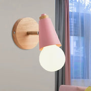 Macaron loft sweet cone pink wall sconce with metal wood base and bamboo stem featuring frosted glass bulb for corridor lighting