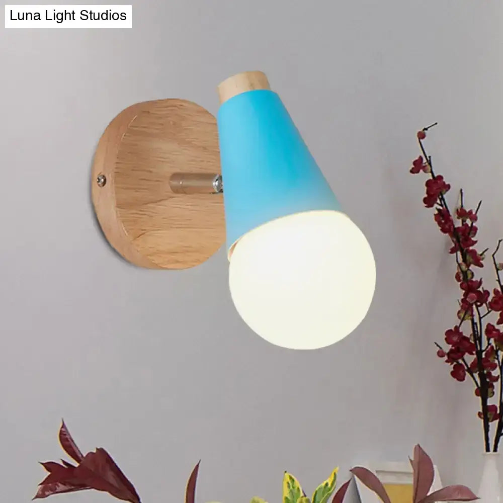 Blue gradient loft sweet cone wall sconce with frosted bulb and wooden base metal wood design for corridor lighting
