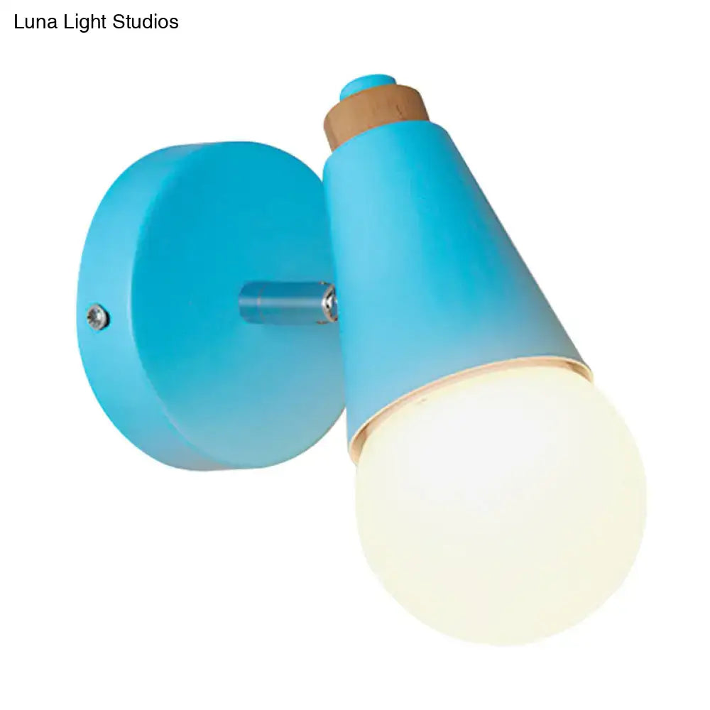 Blue macaron loft sweet cone wall sconce with metal wood base cork accent and frosted glass bulb for corridor lighting