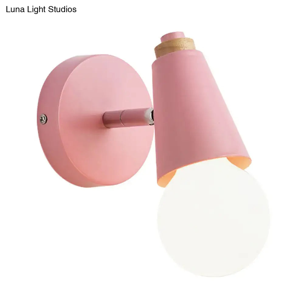 Macaron loft sweet cone pink wall sconce with metal wood base cork accent and frosted globe bulb for corridor lighting