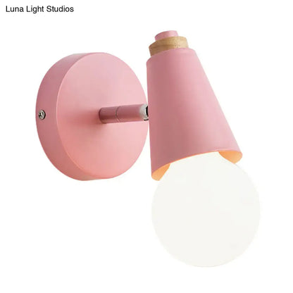Macaron loft sweet cone pink wall sconce with metal wood base cork accent and frosted globe bulb for corridor lighting