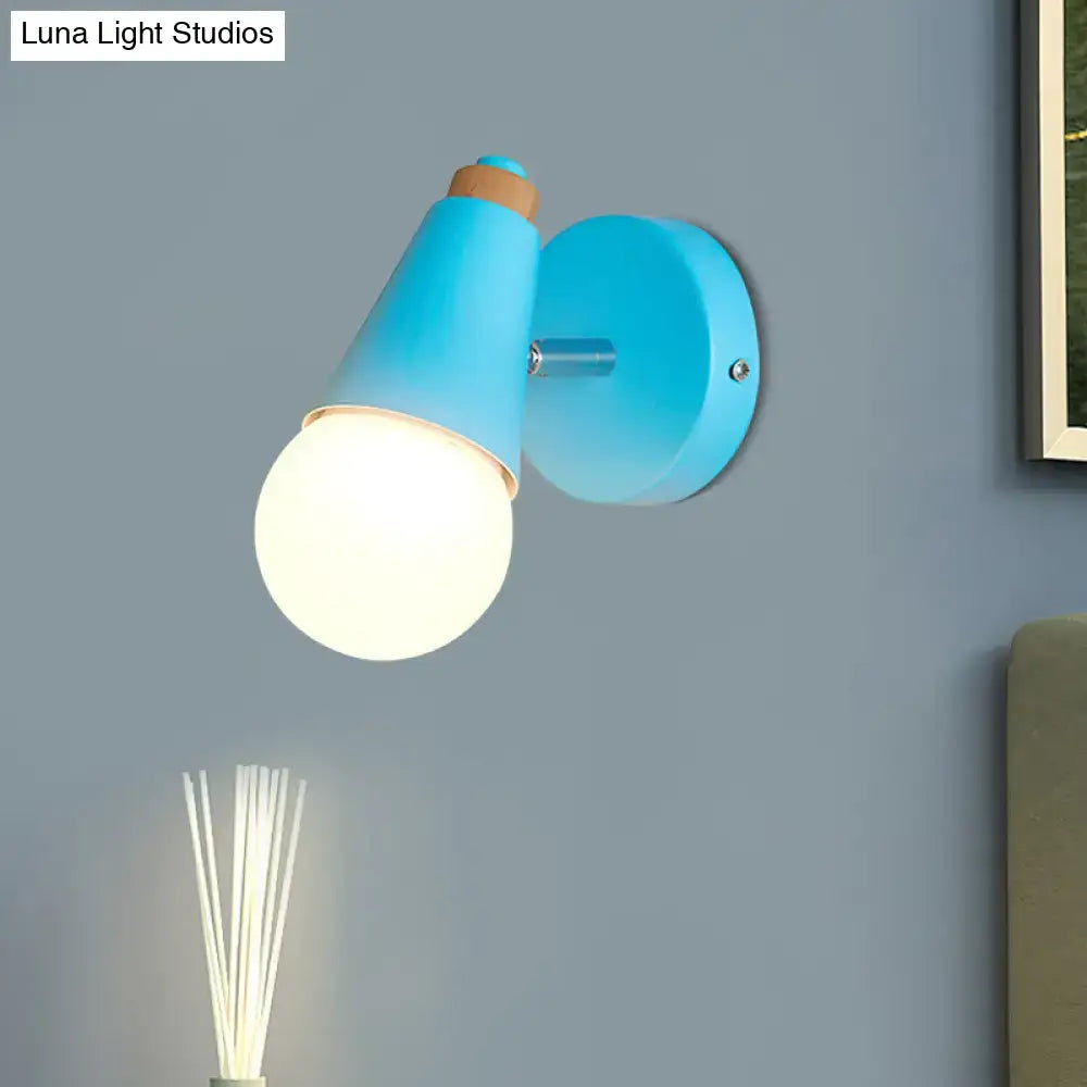 Blue macaron loft sweet cone wall sconce with metal wood base cork accent and frosted glass bulb for corridor lighting